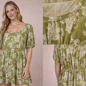 Anthropologie Green and White Paisley Mini Dress size L